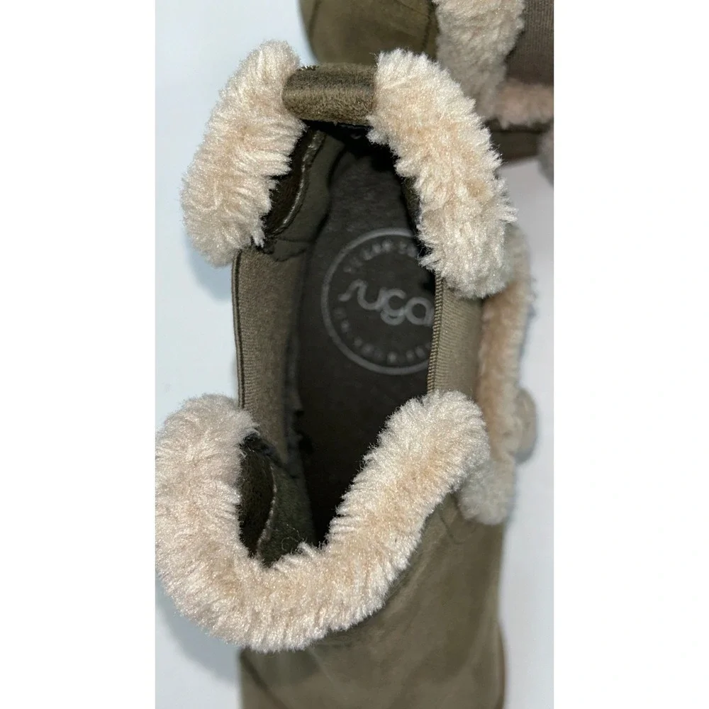 Sugar Haylei Hidden Heel Fur Trim Ankle Booties Olive Green Apres Ski Nordic
